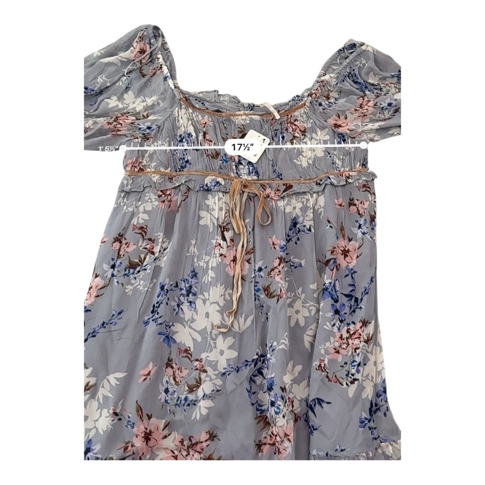 Free People Marney Mini Babydoll Dress Floral Puff Sleeve Velvet Ribbon NWT Sz L - Picture 7 of 8